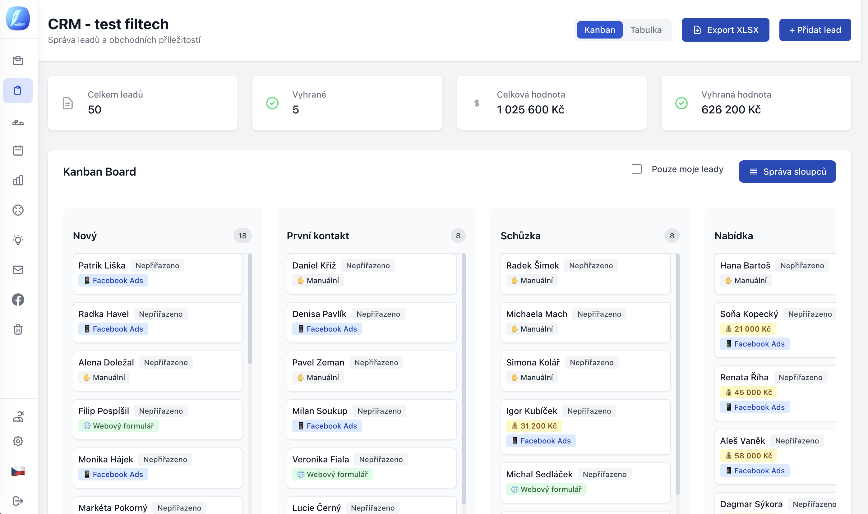 Leadinka CRM – kanban s leady z Facebook Ads, webových formulářů a manuálních zdrojů
